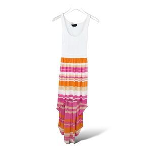 Bebe Sleeveless Tank Dress Hi-Low Bright Orange Pink Striped Chiffon Skirt XS